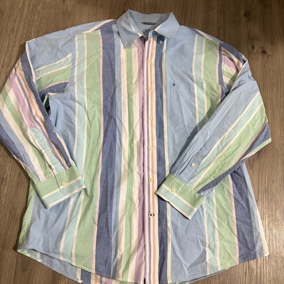 IZOD Saltwater Mens Sz L Button Up Multicolor Stripe Pastel Relaxed Preppy - Picture 4 of 12